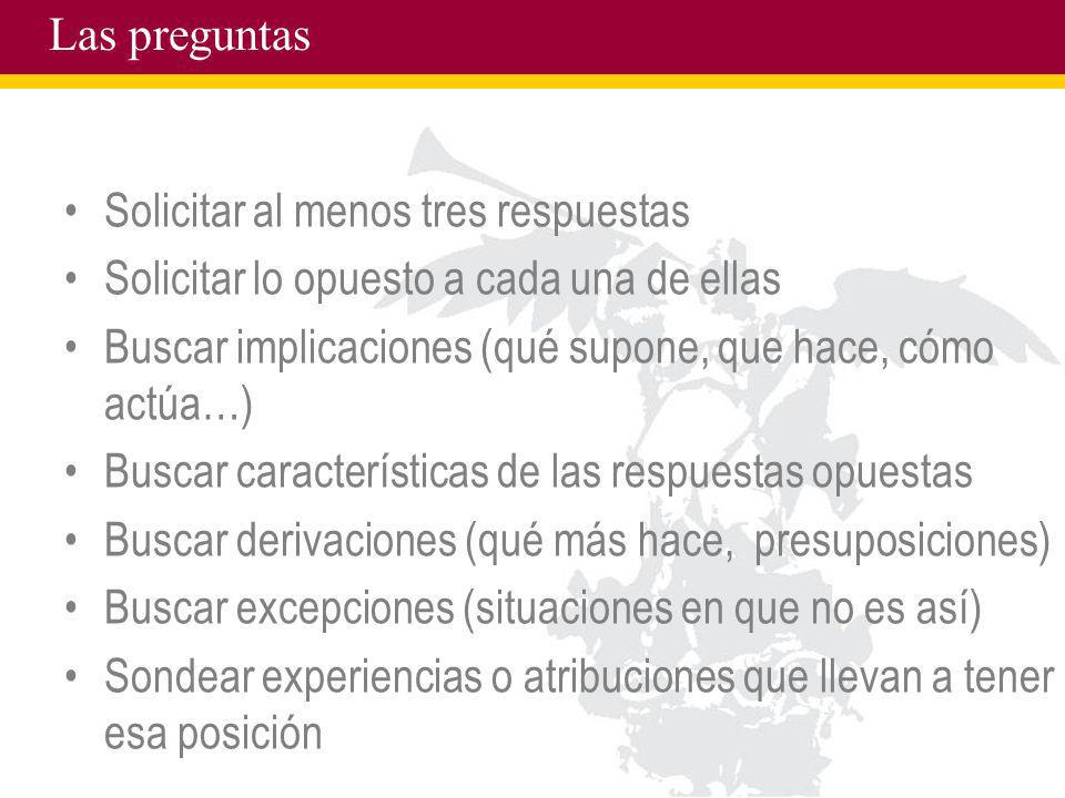 Las preguntas Solicitar al menos tres respuestas. Solicitar lo opuesto a cada una de ellas.