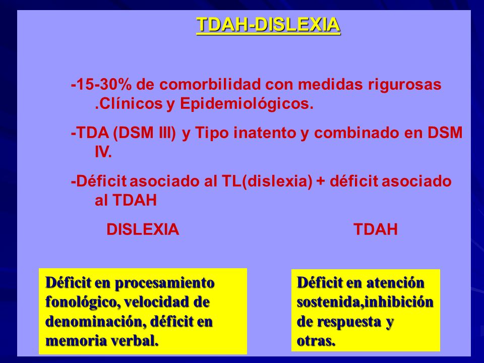 TDAH-DISLEXIA % de comorbilidad con medidas rigurosas .Clínicos y Epidemiológicos. -TDA (DSM III) y Tipo inatento y combinado en DSM IV.