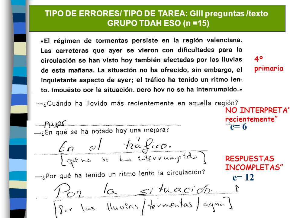 TIPO DE ERRORES/ TIPO DE TAREA: GIII preguntas /texto