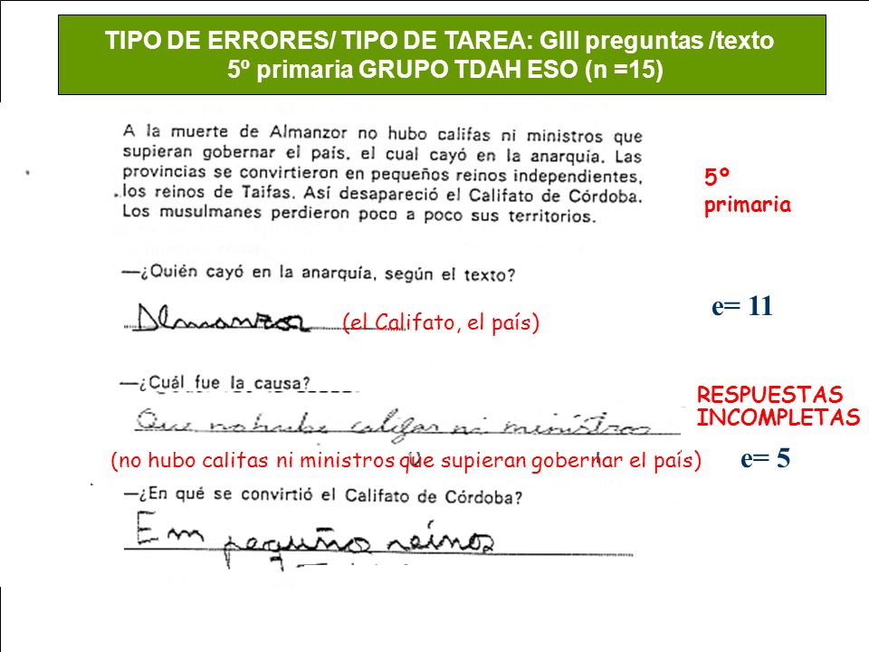 e= 11 e= 6 e= 5 TIPO DE ERRORES/ TIPO DE TAREA: GIII preguntas /texto
