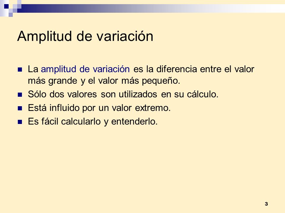 Amplitud de variación La amplitud de variación es la diferencia entre el valor más grande y el valor más pequeño.