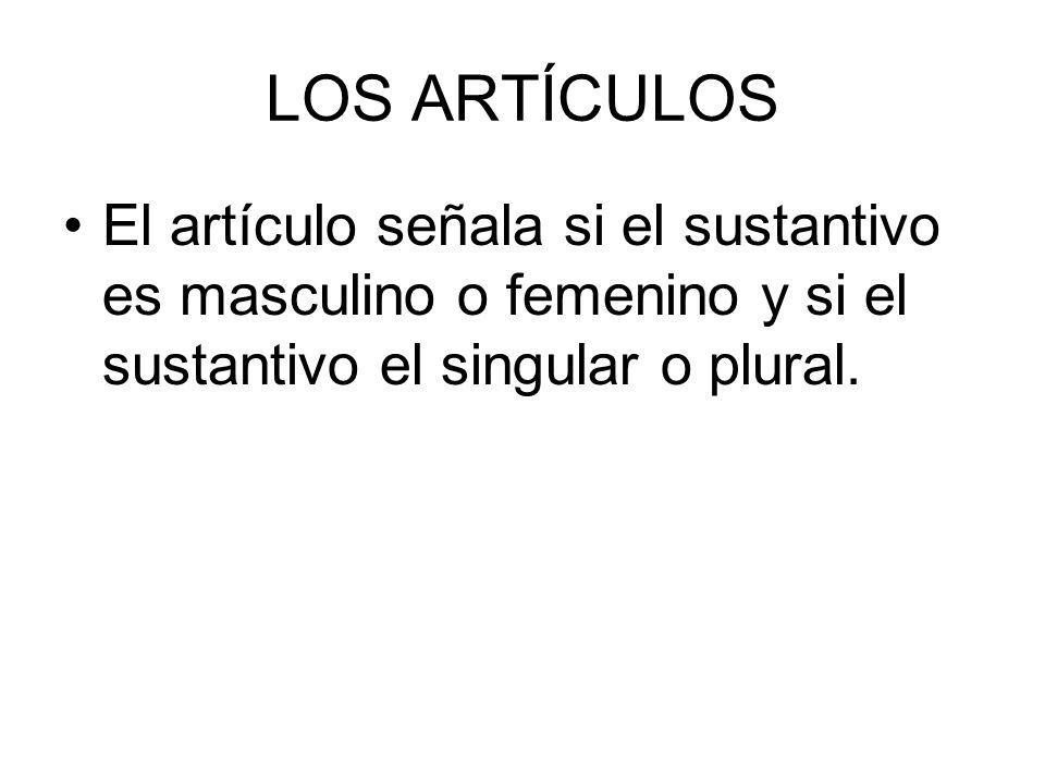 LOS ARTÍCULOS El artículo señala si el sustantivo es masculino o femenino y si el sustantivo el singular o plural.