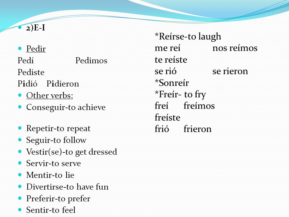 *Reírse-to laugh me reí nos reímos te reíste se rió se rieron *Sonreír