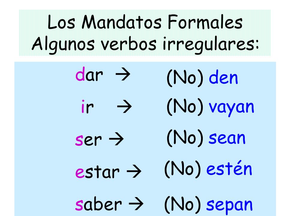 Los Mandatos Formales Algunos verbos irregulares:
