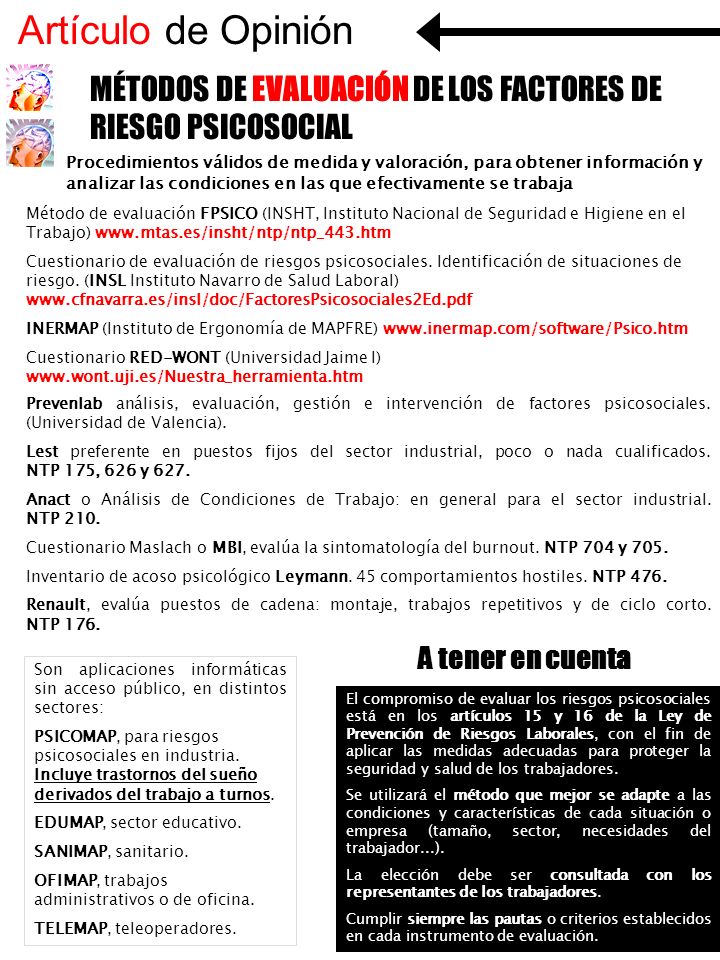 Artículo de Opinión MÉTODOS DE EVALUACIÓN DE LOS FACTORES DE RIESGO PSICOSOCIAL.