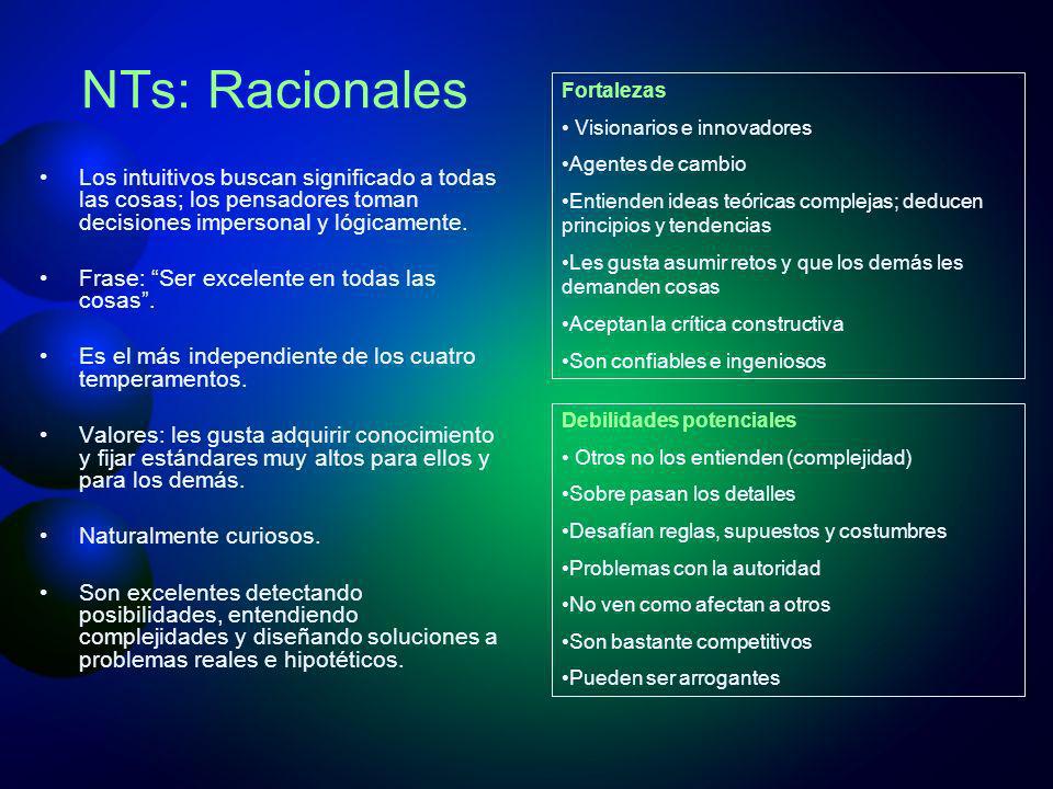 NTs: Racionales Fortalezas. Visionarios e innovadores. Agentes de cambio. Entienden ideas teóricas complejas; deducen principios y tendencias.