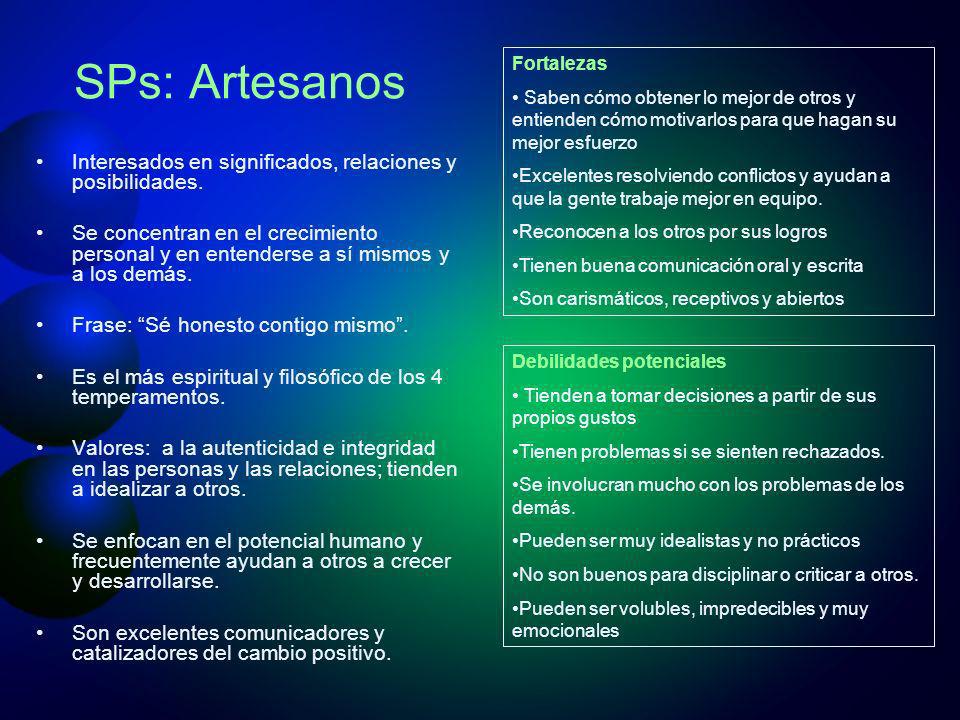 SPs: Artesanos Fortalezas. Saben cómo obtener lo mejor de otros y entienden cómo motivarlos para que hagan su mejor esfuerzo.