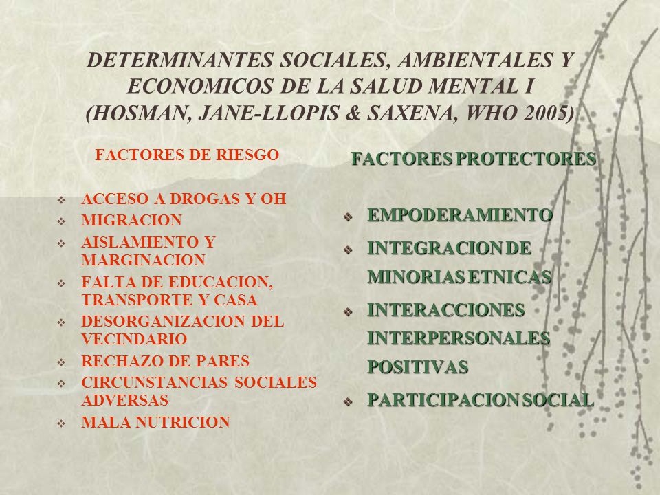 DETERMINANTES SOCIALES, AMBIENTALES Y ECONOMICOS DE LA SALUD MENTAL I (HOSMAN, JANE-LLOPIS & SAXENA, WHO 2005)