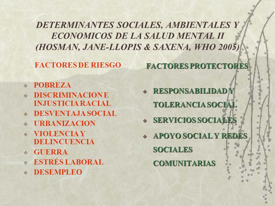 DETERMINANTES SOCIALES, AMBIENTALES Y ECONOMICOS DE LA SALUD MENTAL II (HOSMAN, JANE-LLOPIS & SAXENA, WHO 2005)
