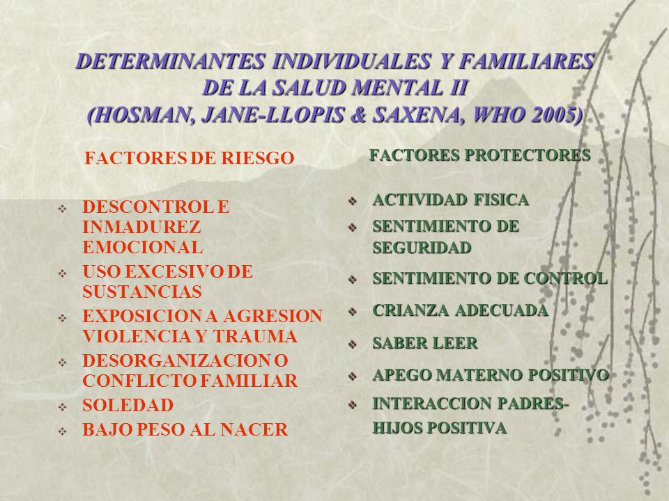 DETERMINANTES INDIVIDUALES Y FAMILIARES DE LA SALUD MENTAL II (HOSMAN, JANE-LLOPIS & SAXENA, WHO 2005)