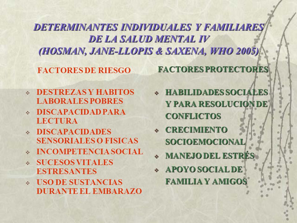 DETERMINANTES INDIVIDUALES Y FAMILIARES DE LA SALUD MENTAL IV (HOSMAN, JANE-LLOPIS & SAXENA, WHO 2005)