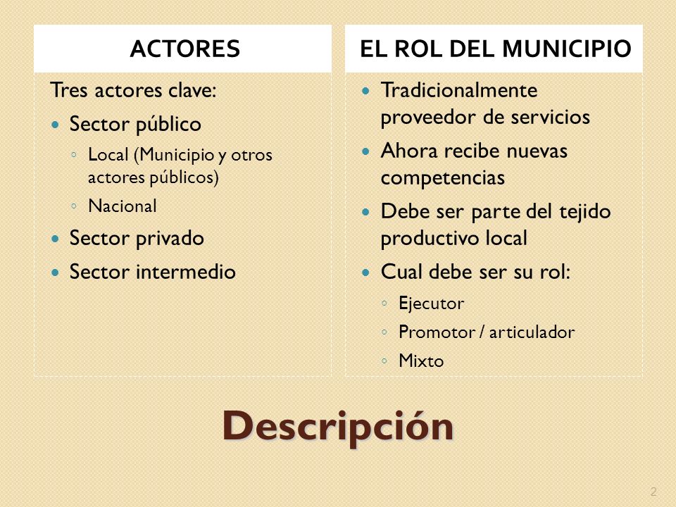 Descripción ACTORES EL ROL DEL MUNICIPIO Tres actores clave: