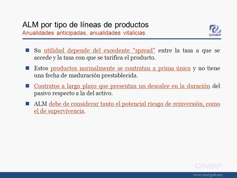 ALM por tipo de líneas de productos Anualidades anticipadas, anualidades vitalicias