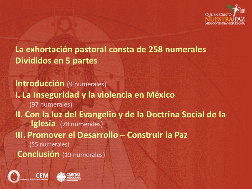 La exhortación pastoral consta de 258 numerales Divididos en 5 partes