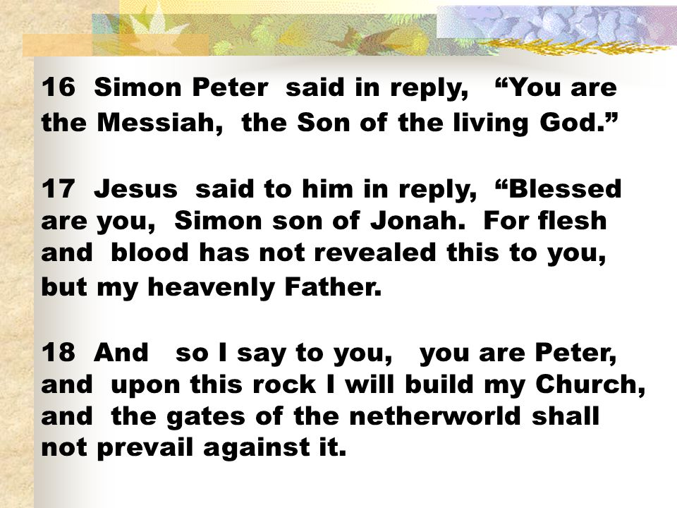 16 Simon Peter said in reply, You are the Messiah, the Son of the living God.