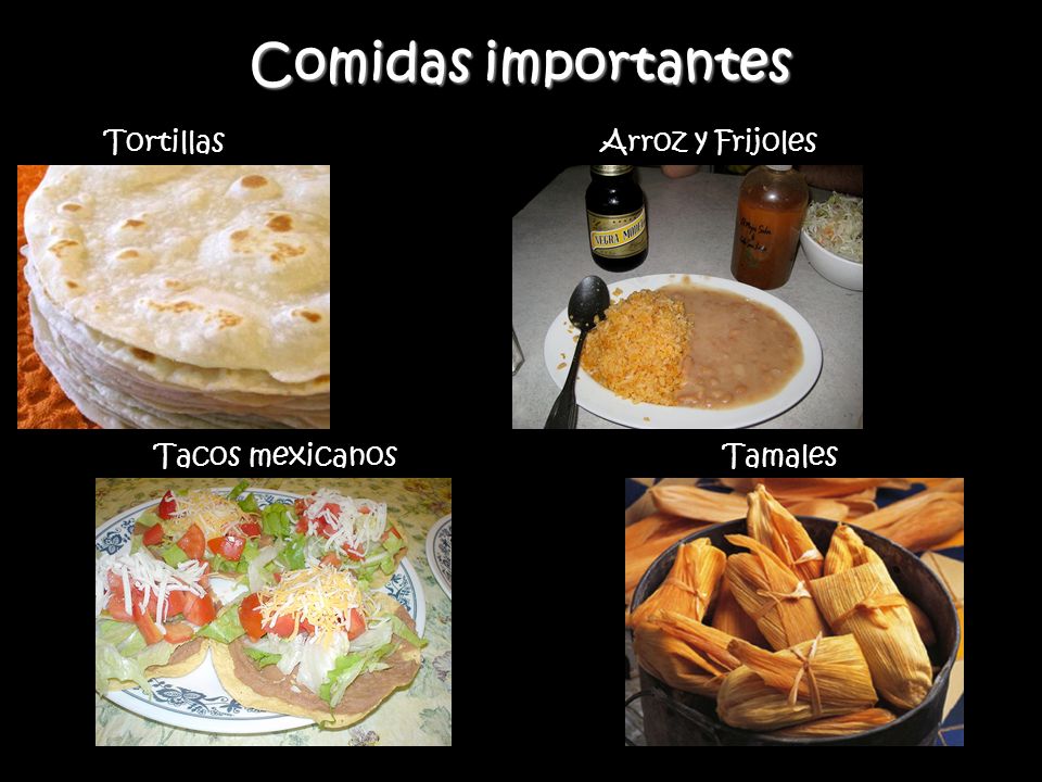 Comidas importantes Tortillas Arroz y Frijoles Tacos mexicanos Tamales