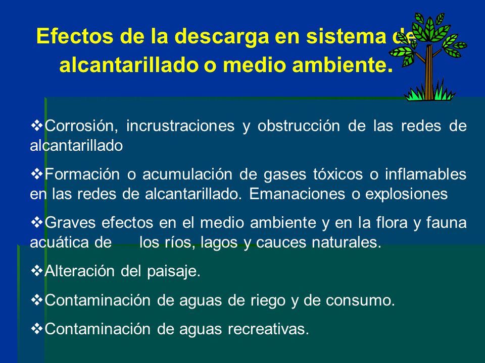 Efectos de la descarga en sistema de alcantarillado o medio ambiente.