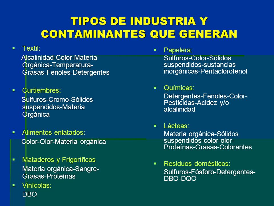 TIPOS DE INDUSTRIA Y CONTAMINANTES QUE GENERAN