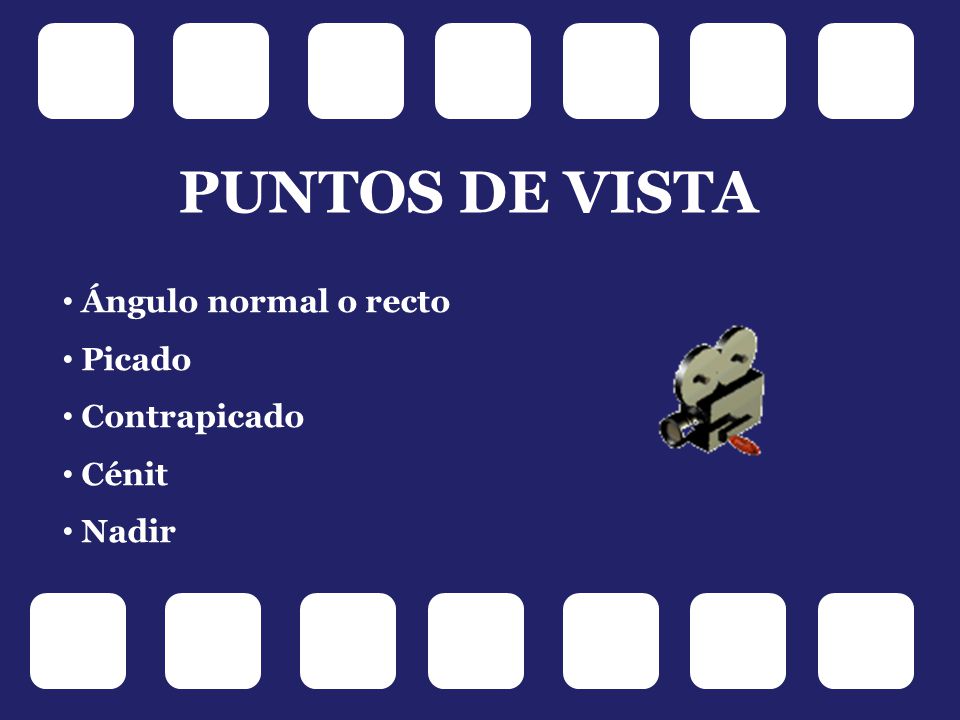PUNTOS DE VISTA Ángulo normal o recto Picado Contrapicado Cénit Nadir