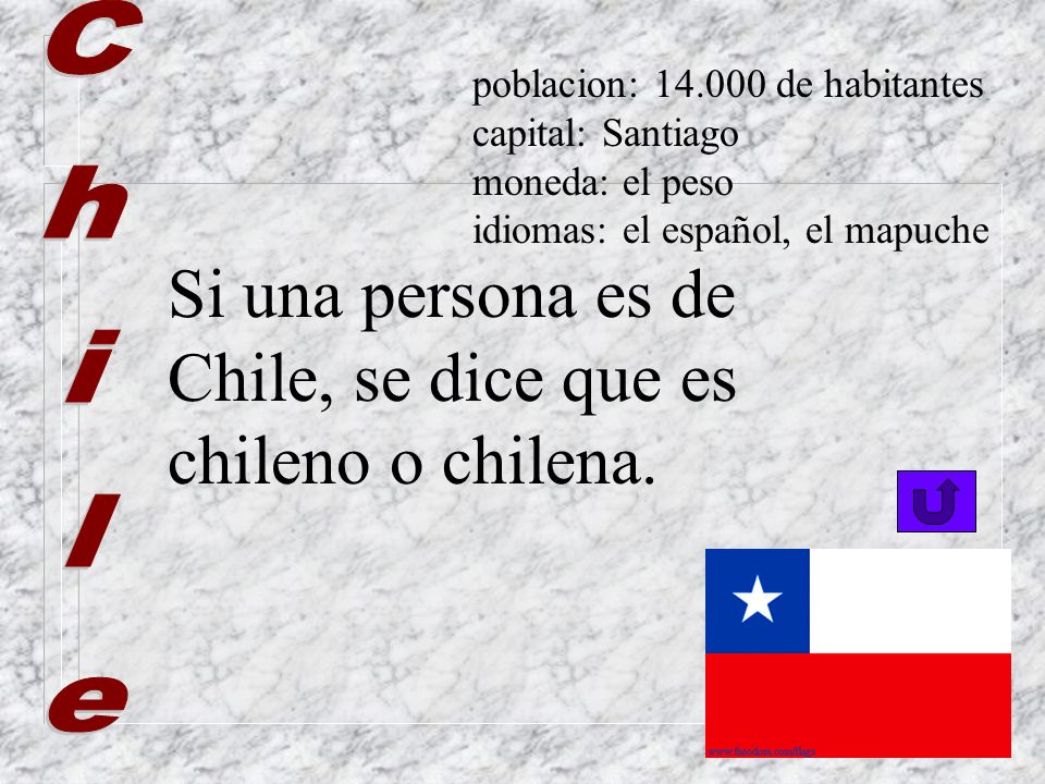 Si una persona es de Chile, se dice que es chileno o chilena. Chile
