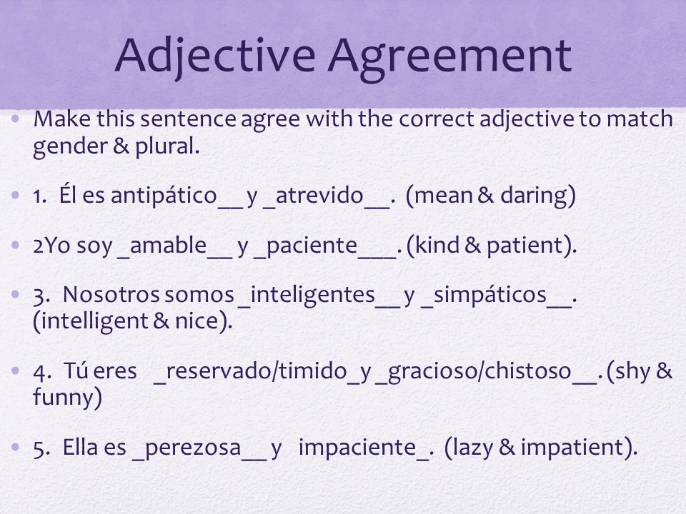 Adjective Agreement Make this sentence agree with the correct adjective to match gender & plural.