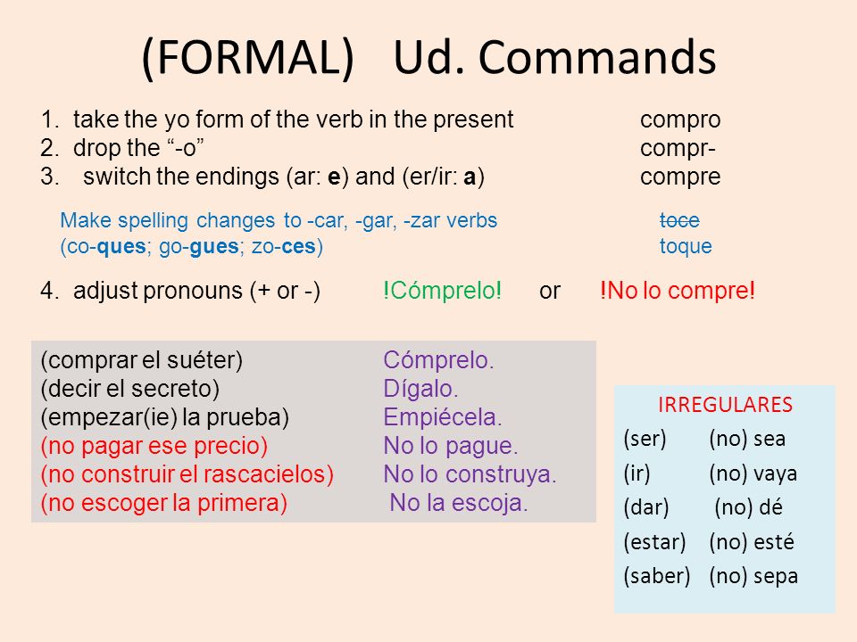 (FORMAL) Ud. Commands 1. take the yo form of the verb in the present compro. 2. drop the -o compr-