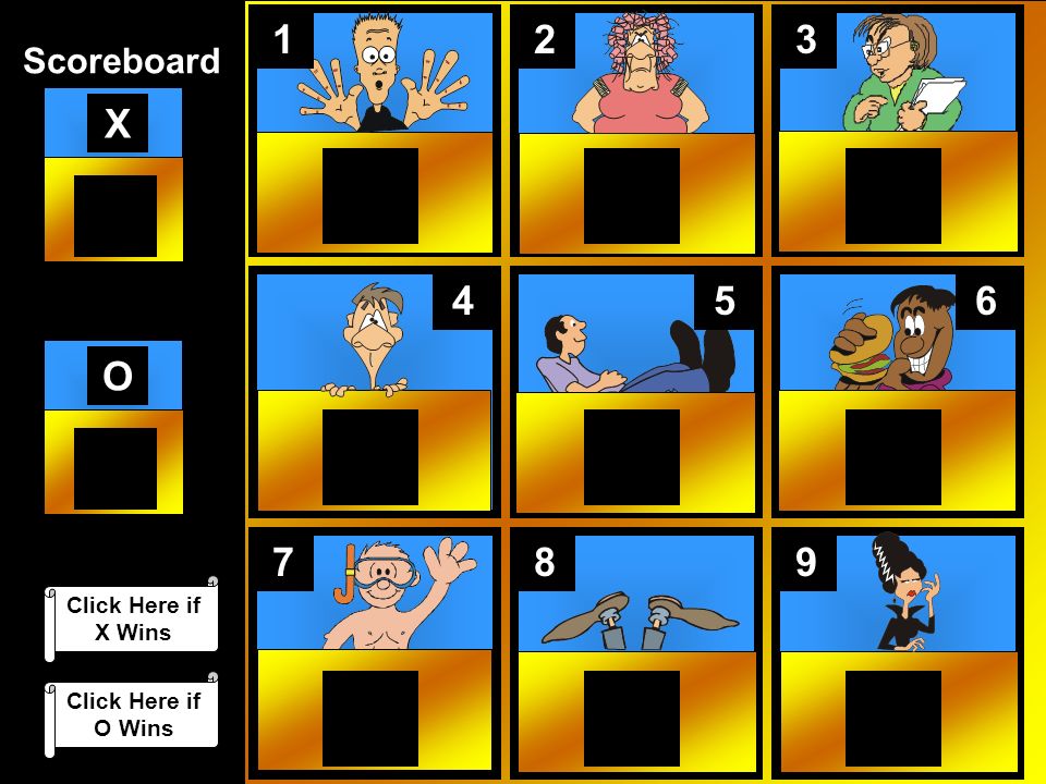 1 2 3 X O Scoreboard Click Here if X Wins Click Here if