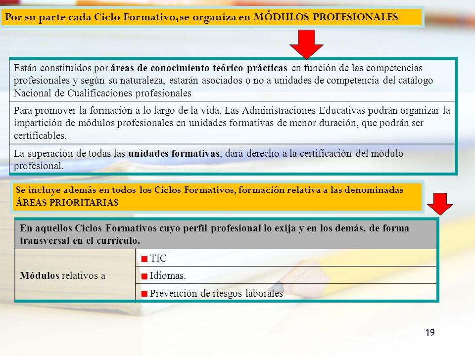 Por su parte cada Ciclo Formativo, se organiza en MÓDULOS PROFESIONALES