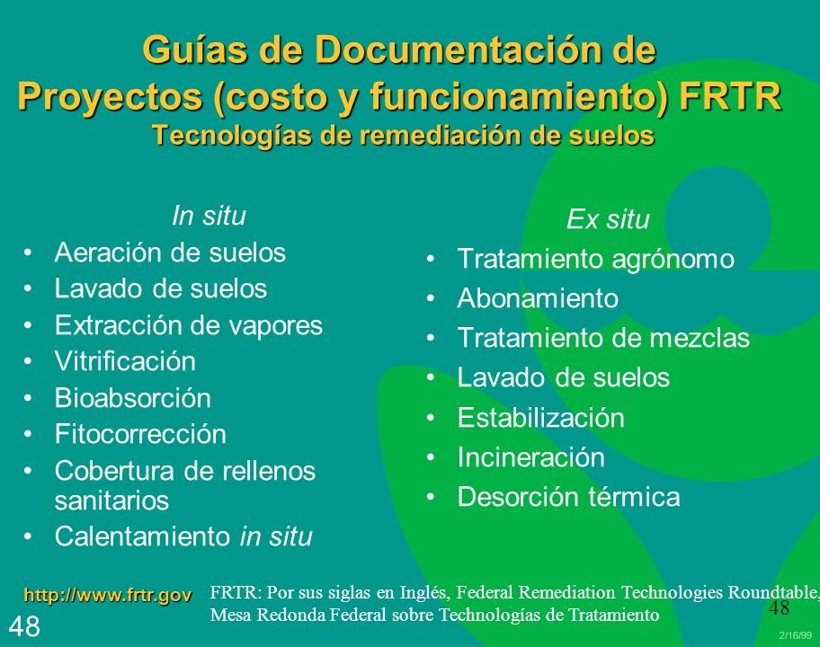 Guías de Documentación de Proyectos (costo y funcionamiento) FRTR Tecnologías de remediación de suelos