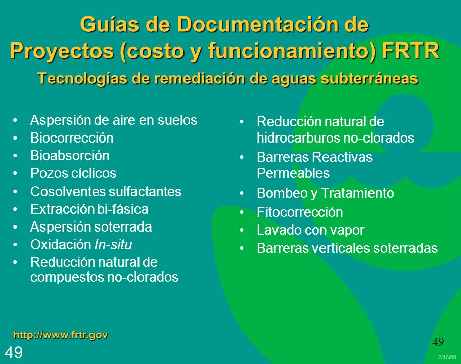 Guías de Documentación de Proyectos (costo y funcionamiento) FRTR Tecnologías de remediación de aguas subterráneas