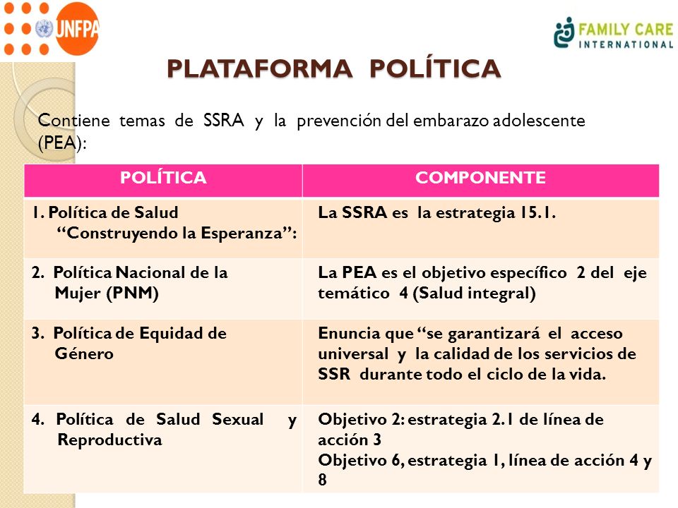 PLATAFORMA POLÍTICA Contiene temas de SSRA y la prevención del embarazo adolescente (PEA): POLÍTICA.