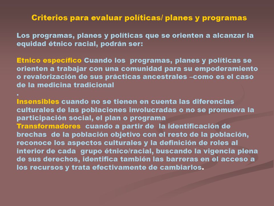Criterios para evaluar políticas/ planes y programas