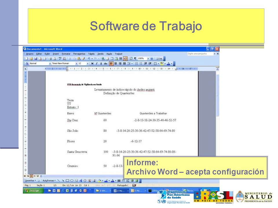 Software de Trabajo Informe: Archivo Word – acepta configuración