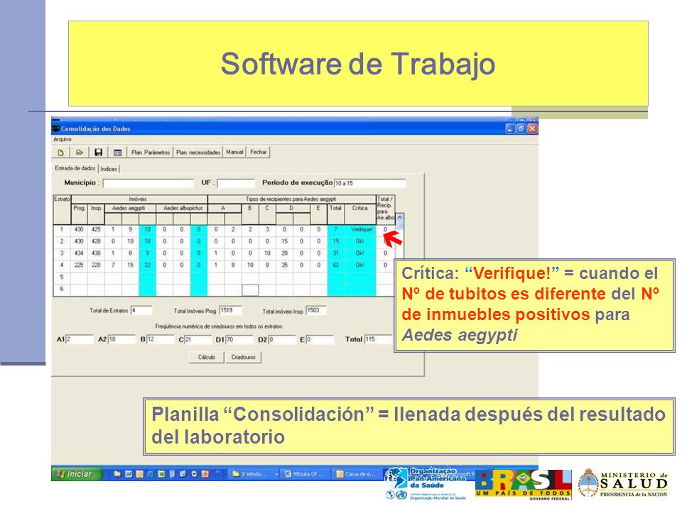 Software de Trabajo  Crítica: Verifique! = cuando el Nº de tubitos es diferente del Nº de inmuebles positivos para Aedes aegypti.