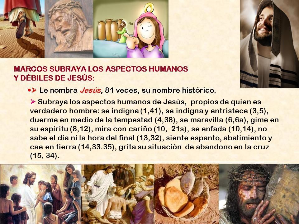  Subraya los aspectos humanos de Jesús, propios de quien es verdadero hombre: se indigna (1,41), se indigna y entristece (3,5), duerme en medio de la tempestad (4,38), se maravilla (6,6a), gime en su espíritu (8,12), mira con cariño (10, 21s), se enfada (10,14), no sabe el día ni la hora del fi­nal (13,32), siente espanto, abatimiento y cae en tierra (14,33.35), grita su situación de abandono en la cruz (15, 34).