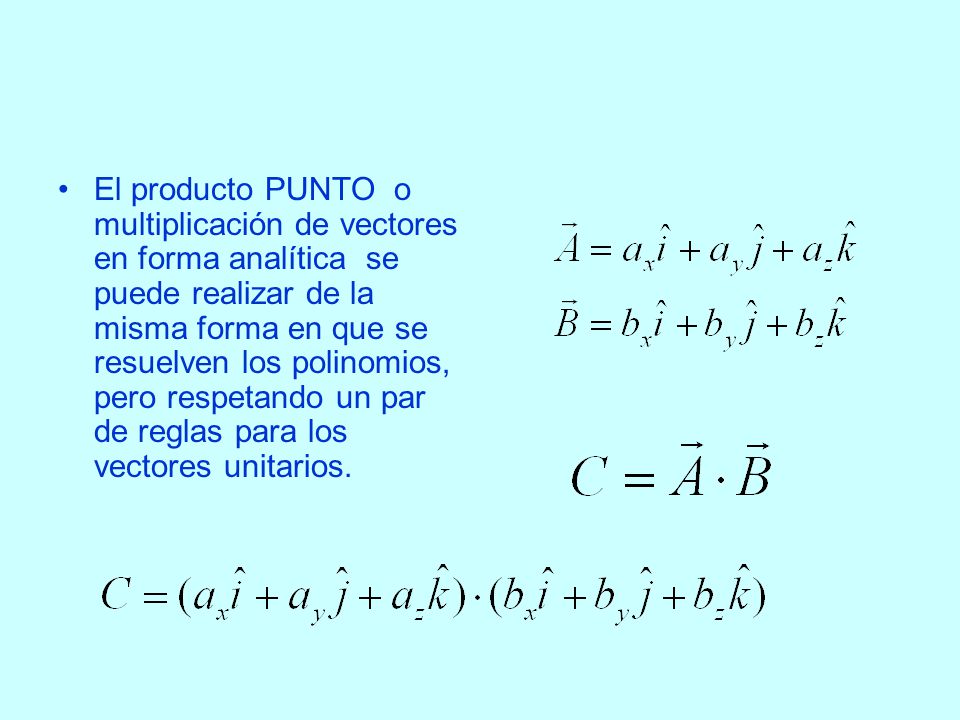 El producto PUNTO o multiplicación de vectores en forma analítica se puede realizar de la misma forma en que se resuelven los polinomios, pero respetando un par de reglas para los vectores unitarios.