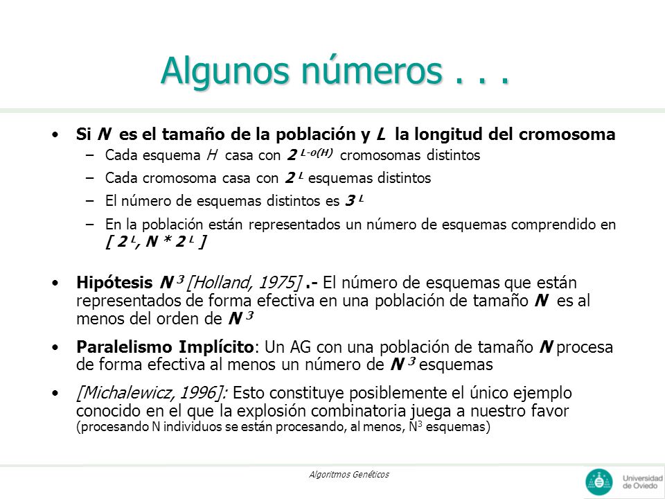 Algunos números Si N es el tamaño de la población y L la longitud del cromosoma. Cada esquema H casa con 2 L-o(H) cromosomas distintos.