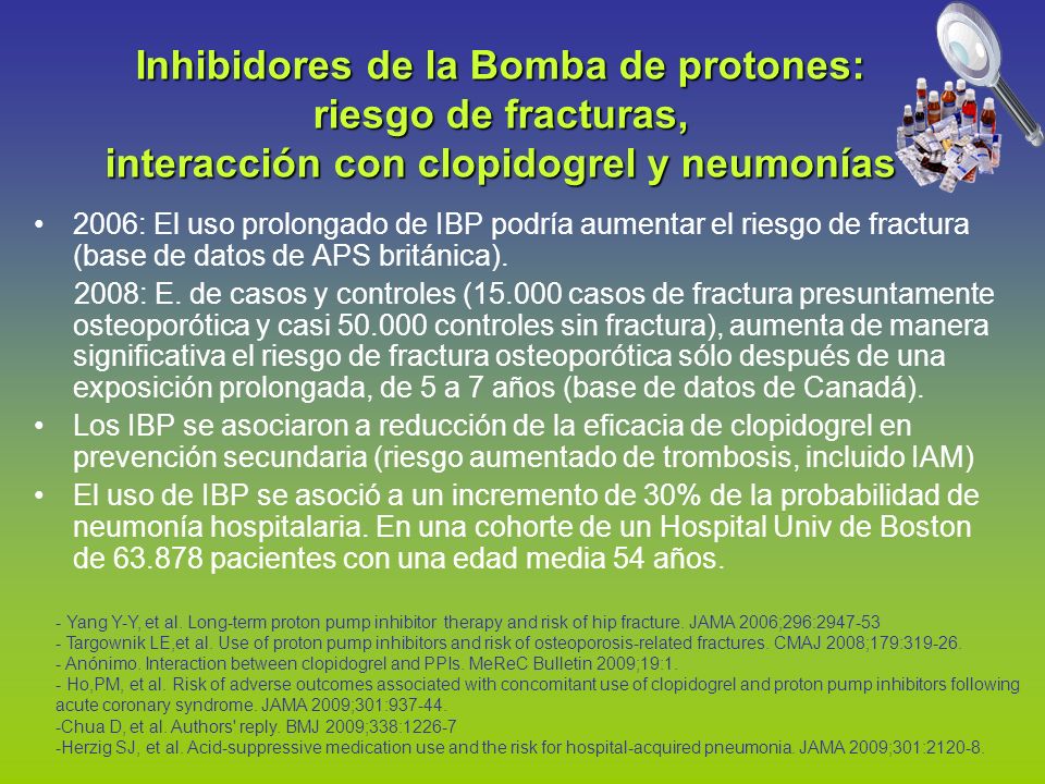 Inhibidores de la Bomba de protones: riesgo de fracturas, interacción con clopidogrel y neumonías