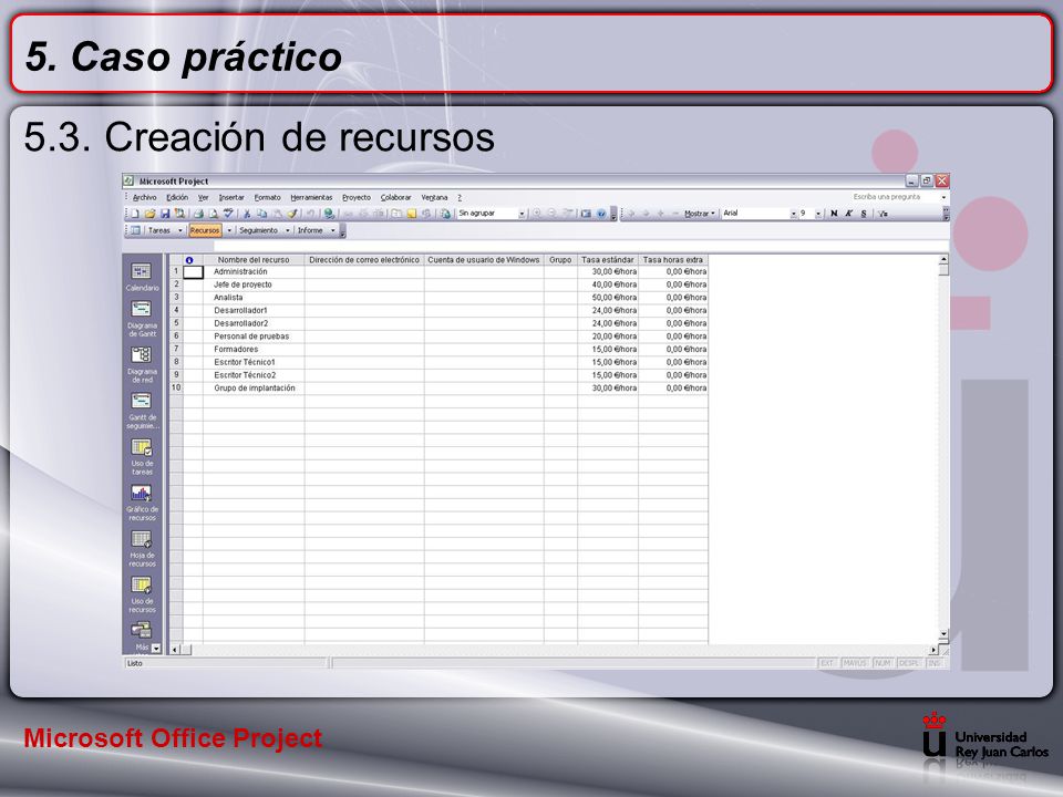 5. Caso práctico 5.3. Creación de recursos Microsoft Office Project