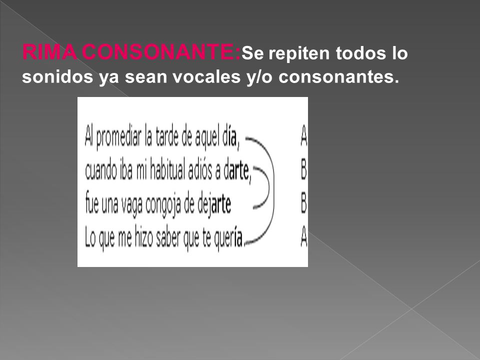 RIMA CONSONANTE:Se repiten todos lo sonidos ya sean vocales y/o consonantes.
