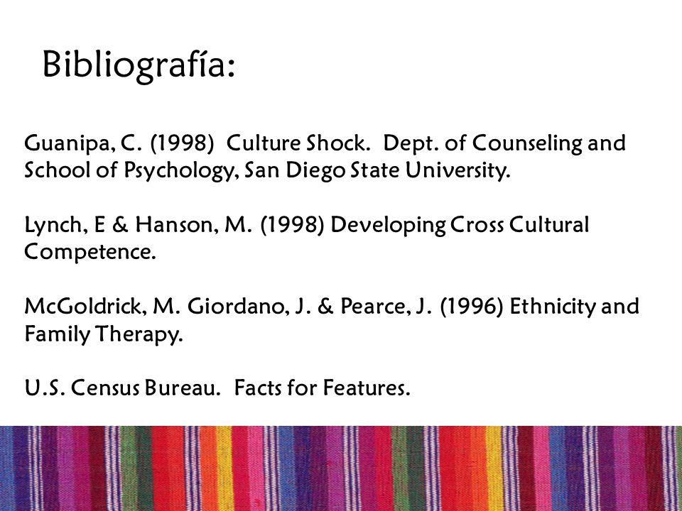 Bibliografía: Guanipa, C. (1998) Culture Shock. Dept. of Counseling and School of Psychology, San Diego State University.