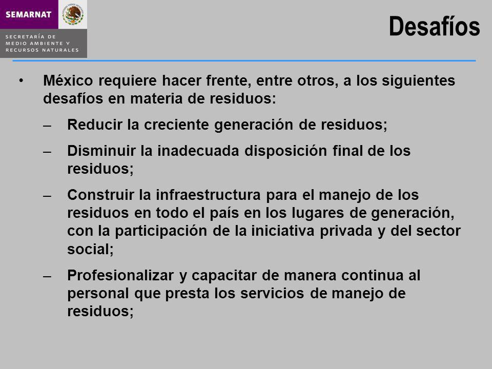 Desafíos México requiere hacer frente, entre otros, a los siguientes desafíos en materia de residuos: