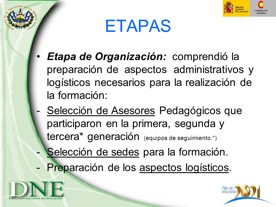 ETAPAS Etapa de Organización: comprendió la preparación de aspectos administrativos y logísticos necesarios para la realización de la formación: