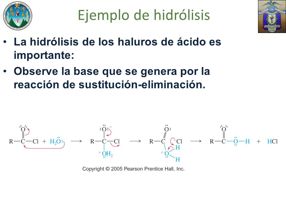 Ejemplo de hidrólisis La hidrólisis de los haluros de ácido es importante: Observe la base que se genera por la reacción de sustitución-eliminación.