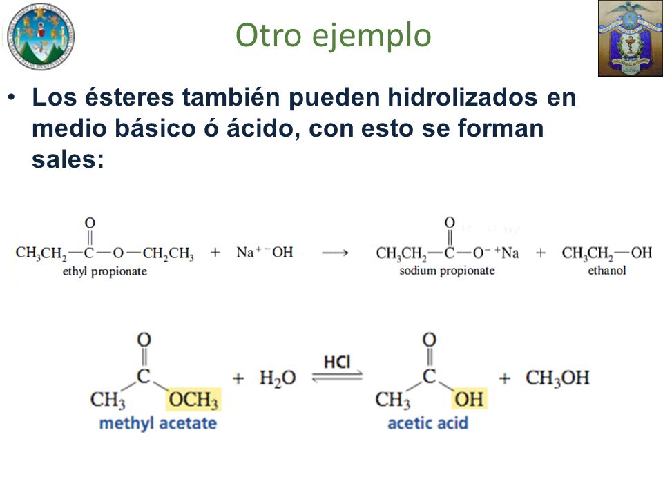 Otro ejemplo Los ésteres también pueden hidrolizados en medio básico ó ácido, con esto se forman sales: