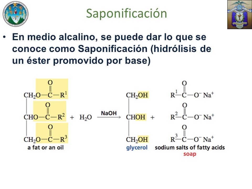 Saponificación En medio alcalino, se puede dar lo que se conoce como Saponificación (hidrólisis de un éster promovido por base)