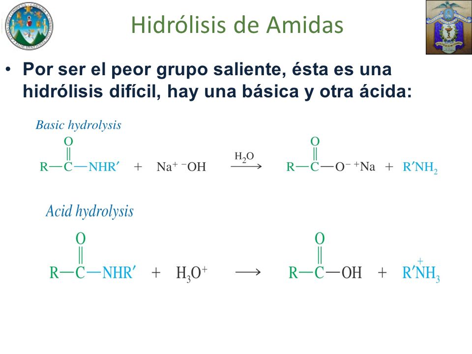 Hidrólisis de Amidas Por ser el peor grupo saliente, ésta es una hidrólisis difícil, hay una básica y otra ácida: