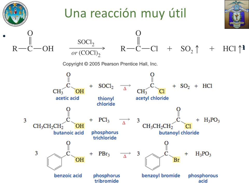 Una reacción muy útil Está es una reacción clásica en la química orgánica además de muy útil y es la transformación de ácidos a haluros de ácidos: