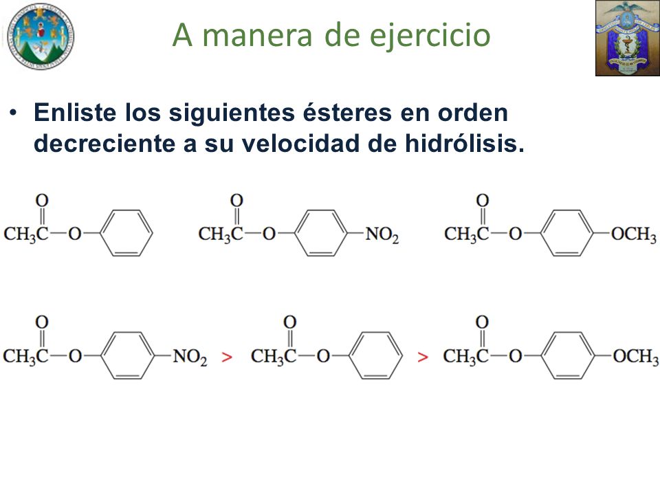 A manera de ejercicio Enliste los siguientes ésteres en orden decreciente a su velocidad de hidrólisis.