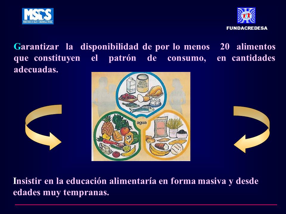FUNDACREDESA Garantizar la disponibilidad de por lo menos 20 alimentos que constituyen el patrón de consumo, en cantidades adecuadas.